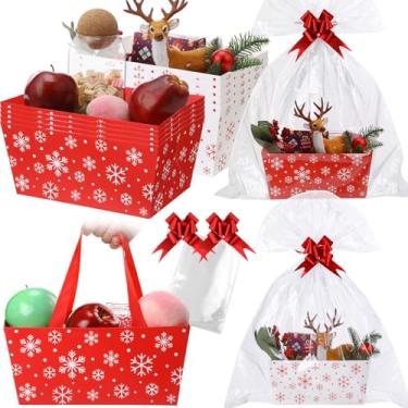 Imagem de Qinyoung 12 peças de cesta de Natal vazia 24 x 16,5 cm, cesta de presente vazia para encher com alças, laços, sacos plásticos e laços torcidos para lembrancinhas de festa de Natal
