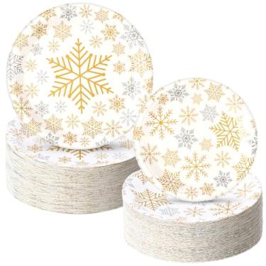 Imagem de Yungyan 120 peças de pratos de papel floco de neve, pratos de festa de Natal incluem prato de jantar de 23 cm, prato de sobremesa descartável para tema do País das Maravilhas, Natal, inverno, férias