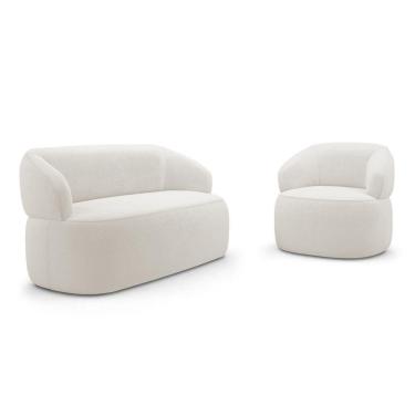 Imagem de Kit Poltrona Giratória E Sofá Orgânico Living Glee 02 Lugares 140cm Bouclê Off White - Abmaza