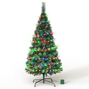 Imagem de Árvore de Natal solar, DOLUCKY, luzes solares para decoração ao ar livre, luzes de árvore alimentadas por energia solar com 100 LEDs, 8 padrões intermitentes com ornamentos para caminhos ao ar livre