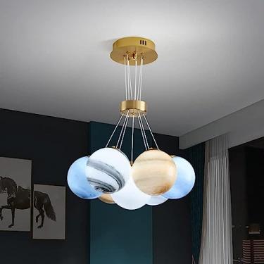 Imagem de Luminária pendente exclusiva em formato de planeta, lustre com esfera de vidro colorido em formato de bola, luminária de teto decorativa com altura ajustável, ideal para sala de jantar, quar