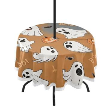 Imagem de Qilmy Toalha de mesa redonda à prova d'água Halloween Boo de 152 cm com orifício para guarda-chuva e zíper – uso externo / interno resistente para pátio, churrascos, piqueniques, festas (serve para