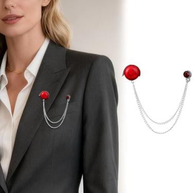 Imagem de Corrente retrô banhada a prata turquesa broches redondos pinos de colarinho strass com corrente pendurada terno camisa broche de lapela broche joias modernas para homens e mulheres, Medium, Cristal