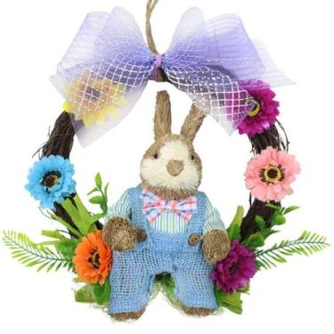 Imagem de Guirlanda Artesanal Enfeite Páscoa Coelhinho Palha Florida 25cm - Gici