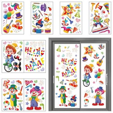 Imagem de Habbiful 9 folhas de decoração de carnaval, adesivos de janela de carnaval grandes circo dupla face para janelas de vidro, escritório, casa, loja, restaurante, decoração (E)