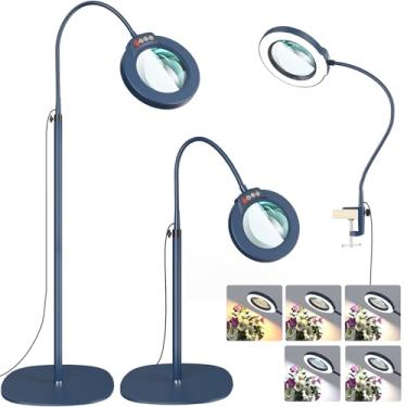 Imagem de Lupa de 10 x com luz e suporte, lente de vidro real de grau óptico, 5 modos de cor, regulável contínuo, lâmpada de piso 3 em 1 flexível pescoço de ganso de 61 cm, lupa iluminada por LED, mãos livres
