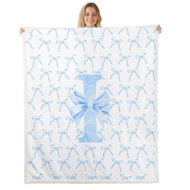 Imagem de Cobertor infantil com laço de desenho animado, gravata borboleta azul letra I nó princesa meninas mulheres cobertor de cama, aquarela laço patchwork azul branco felpudo cobertor, tamanho Queen (224 x