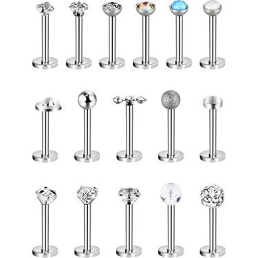 Imagem de Chuangdi 16 peças 16 G Labret piercing de nariz lábios de aço inoxidável tragus nariz sortido joias piercing para mulheres (prata)