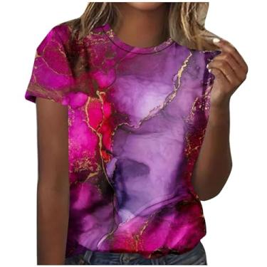 Imagem de Blusa feminina manga curta mármore colorido gráfico solto blusa longa para mulheres gola canoa verão outono camisas 2024, H-129 multicolorido, G