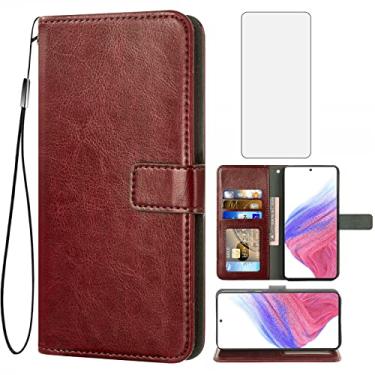Imagem de Capa carteira compatível com Samsung Galaxy A53 5G 2022, protetor de tela de vidro temperado e suporte de cartão de couro para celular Gaxaly A53 G5 Galaxies 53A SM A536U feminino masculino marrom