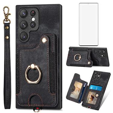 Imagem de Capa de telefone para Samsung Galaxy S23 Ultra 5G capa carteira com protetor de tela e alça de pulso cordão RFID suporte para cartão de crédito anel acessórios de celular S23Ultra 23S S 23 23Ultra 6,8 polegadas feminino preto