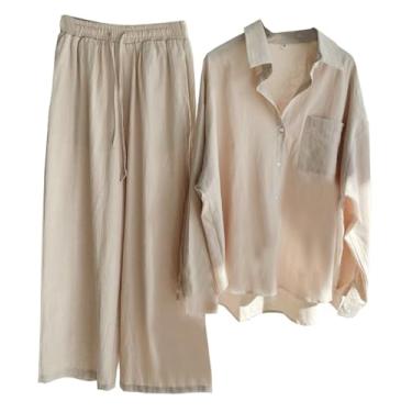 Imagem de Beralst Conjunto feminino de 2 peças, camisa de botão de linho + calça de treino de perna larga, Bege, Medium