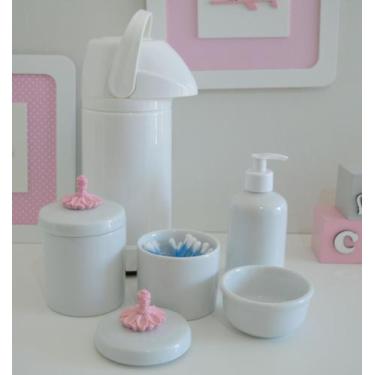 Imagem de kit Higiene Bebê Potes K021 Cotonete Flor Rosa Algodão Limpeza Porcela