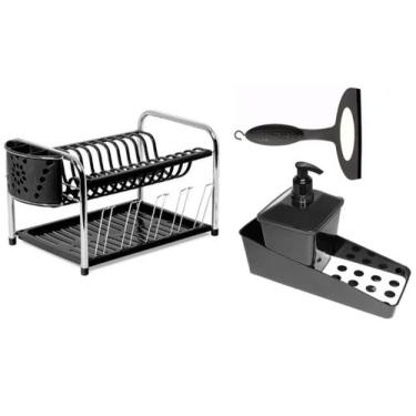 Imagem de Escorredor Secador Duplo Com Porta Copo E Talheres Preto + Porta Deter