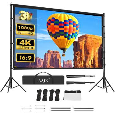 Imagem de Tela de projetor aajk de 150 polegadas com suporte, 16:9 4K HD interna/externa