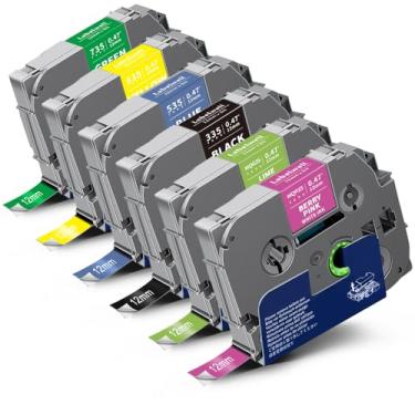 Imagem de Labelwell Pacote com 6 fitas adesivas Brother P Touch 12 mm 0,47 laminadas TZe-335 535 635 735 MQP35 MQG35 TZe-231 TZ Fita para P Touch PT-H110 D210 D220 1280, preto/azul/amarelo/verde/rosa limão