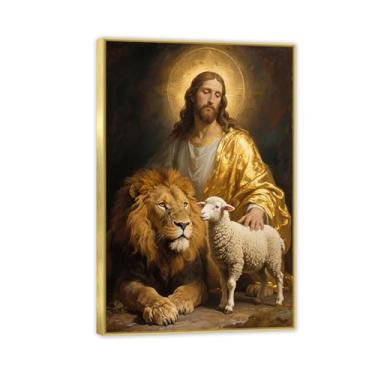Imagem de Arte de parede em tela Jesus e leão imagens cristãs decoração de parede com impressão de leão e cordeiro arte para igreja sala de estar quarto 45 x 30 cm (18 x 12 pol) moldura dourada