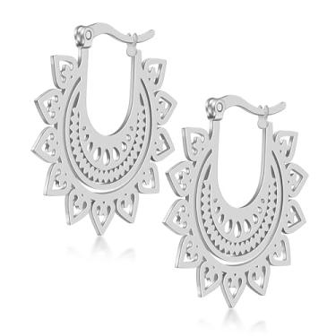 Imagem de Brincos de argola femininos boêmios mandala, de aço inoxidável 316L, vintage, boêmio, intrincado, floral, coração, ONESIZE, Aço inoxidável, Sem pedra preciosa