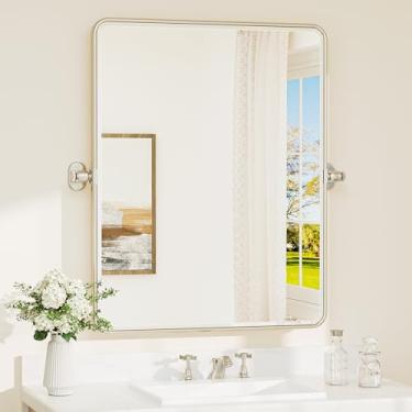 Imagem de TETOTE Espelho giratório de banheiro de níquel escovado 61 x 76 cm, espelho retangular chanfrado com moldura de metal, espelho de vaidade de canto arredondado com inclinação ajustável para casa de