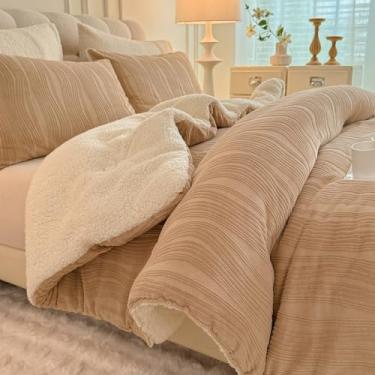Imagem de tohrisa Conjunto de edredom de lã de ovelha em jacquard listrado 3D, tamanho king, 3 peças, quente, aconchegante, felpudo, com 2 fronhas (264 x 224 cm, bege)
