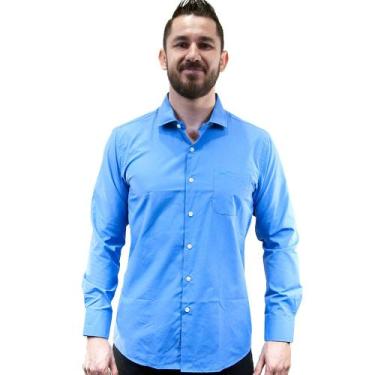 Imagem de Camisa Social Masculina Lisa Manga Longa Camisaria Colombo Azul Italia