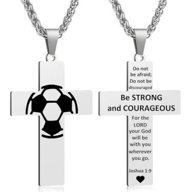 Imagem de Colar masculino com cruz de futebol, versículo bíblico, pingente, presente para aniversário, Natal, batismo, religioso, acessórios de futebol, presentes, Small, Aço inoxidável, Sem Pedra Preciosa