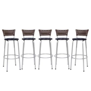 Imagem de Kit 5 Banquetas Alta Junco Argila Estrutura Prata 70cm Para Balcão Ilha Bancada Cozinha Bar Bistrô Americano - Itagold (Assento Floral Preto)