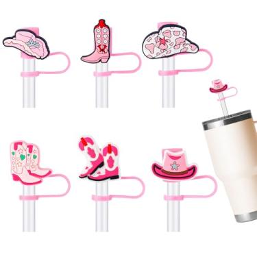 Imagem de 6 peças de topo de palha de vaca rosa para pontas de copo Stanley 850 g 1,134 g, botas de vaca e chapéus tampas de palha, tampões de tampa, tampões reutilizáveis, acessórios para presentes