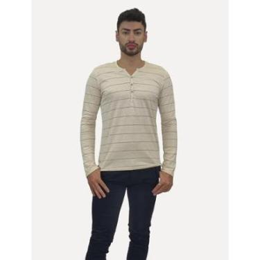 Imagem de Camisa King & Joe Bata Masculina Manga Longa Henley Listrada Off-White-Masculino