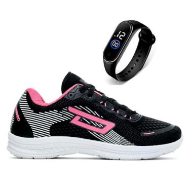Imagem de Tênis Feminino Academia Caminhada Corrida Leve Confortável + Relógio Digital (PRETO/ROSA, BR, Adulto, Numérico, 39)