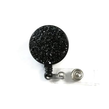 Imagem de Suporte de crachá de identificação de drusa ônix, carretel de crachá elegante preto com glitter, clipe de crachá RN de resina de cristal preto