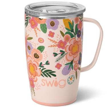 Imagem de Swig Life Caneca de viagem de 510 g, copo isolado com alça e tampa, suporte de copo, pode ser lavado na lava-louças, aço inoxidável, caneca floral, copo de flores, presentes de dia das mães para a mãe