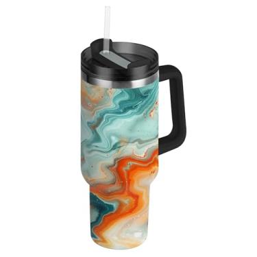 Imagem de SEHANY Copo colorido com padrão de mármore de 850 g com tampa e canudo, aço inoxidável de vácuo duplo isolado garrafa de água esportiva suporte para copo de café de viagem à prova de vazamento para