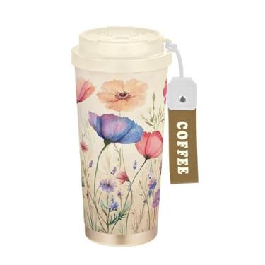 Imagem de SEHANY Caneca de viagem colorida de ervas silvestres de 500 ml Copos de café reutilizáveis revestidos de cerâmica com tampa à prova de vazamento, parede dupla, isolamento a vácuo, copo de café de aço