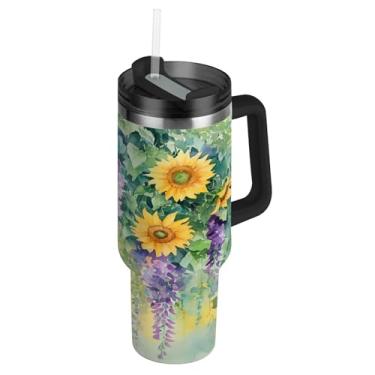 Imagem de Blueangle Copo de pintura de girassóis em aquarela de 1,134 g com alça e tampa de palha, caneca de viagem de aço inoxidável isolada a vácuo de parede dupla, garrafa de água reutilizável para academia