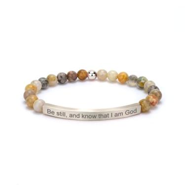 Imagem de cusurlove Pulseira cristã inspiradora para mulheres, joia de verso bíblico com contas de ágata de folha de bambu, presente de fé religiosa banhada a ouro 18K, joia de incentivo às escrituras para ela