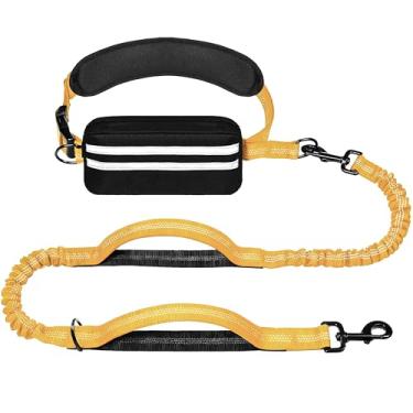 Imagem de LIEVUIKEN Coleira para cães mãos livres com bolsa com zíper, correia de corrida para passear com cães, cinto ajustável para cães grandes, design elástico refletivo com duas alças para caminhadas
