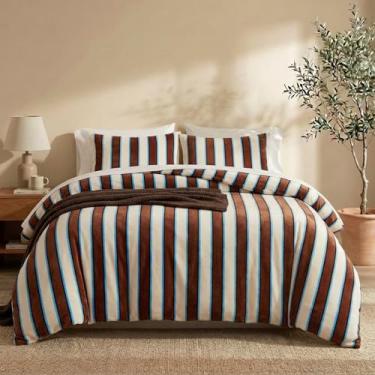 Imagem de Bedbay Conjunto de edredom queen listrado marrom, macio, quente, veludo, fofo, estampa de listras marrom creme, 3 peças, conjunto de cama queen com 2 fronhas