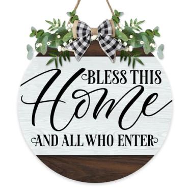 Imagem de Bolisom Bless This Home and All Who Enter Placa de porta da frente, família cristã, Jesus, cabide de madeira, varanda, decoração de casa, guirlanda de madeira religiosa rústica com laço, decoração de