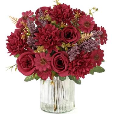 Imagem de Dremisland Flores artificiais de Natal como buquê artificial de verdade, 2 pacotes de buquê de rosas artificiais de seda com margarida, crisântemo, flores bordô para mesa de centro de mesa de Natal