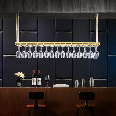 Imagem de Prateleiras de teto para pendurar no teto, prateleiras organizadoras flutuantes de metal para embaixo do armário, cozinha, bar, rack de vinho montado na parede e suporte de garrafa de vidro para