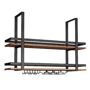 Imagem de Suporte de garrafa de vinho suspenso industrial de 2 camadas, rack de vidro de vinho de teto, rack de vinho suspenso com suporte de vidro e prateleira, prateleiras flutuantes de madeira para bar café