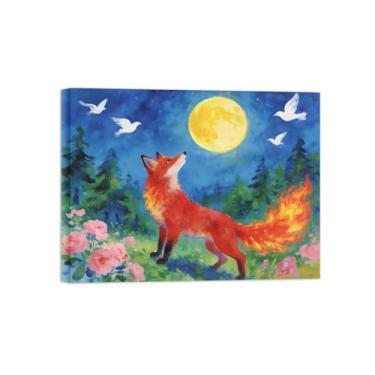 Imagem de Impressão em tela de arte de parede animal - Raposa sob a lua - pintura de decoração moderna - imagens para casa pronta para pendurar tela emoldurada 60 x 80 cm 24 x 31 polegadas
