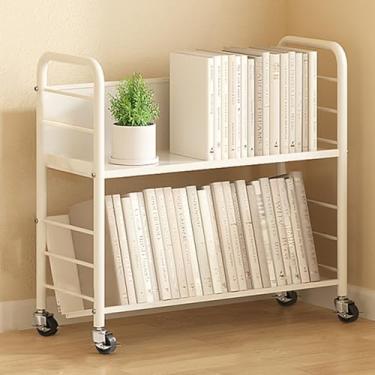 Imagem de Porta-livros brancos e porta-revistas - Organizador de metal de 4 camadas com suporte de brochura móvel e rodas para estudo e quarto - solução de armazenamento elegante (branco, 69 x 31 x 73,5 cm)