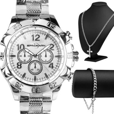 Imagem de Kit Relógio e Acessórios Orizom Spaceman em Aço Inoxidável Prata com Cordão e Pulseira...