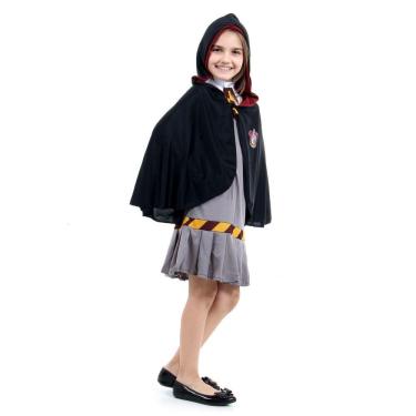Imagem de Fantasia Hermione Infantil Harry Potter Capa Grifinória Oficial Warner Bros Vestido + Gravata e Capuz
