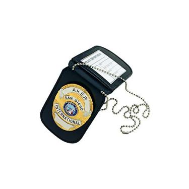 Imagem de Aker Leather Products Crachá de pescoço e porta-documento de identificação, couro Aker 597, crachá de pescoço e suporte de identificação, liso, preto