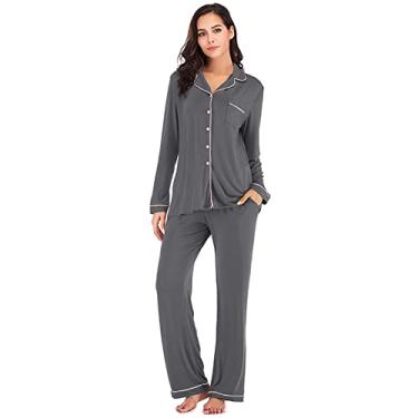 Imagem de Pijama feminino conjuntos de pijama roupa de dormir com bolso conjunto loungewear moletom pijamas roupa de dormir botão top macio, cinza 1, GG (70 kg/175 cm)