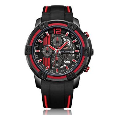 Imagem de MEGIR Relógio Masculino Esportivo Militar de Quartzo Moda Cronógrafo Função Calendário à Prova D'agua com Moda Pulseira de Silicone Vermelho Relógio