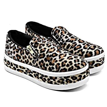 Imagem de Slip On Feminino Sola Alta Tênis Plataforma Com Zíper Macio Iate Camurça Para Ficar Alta Cor:Onça;Tamanho;37